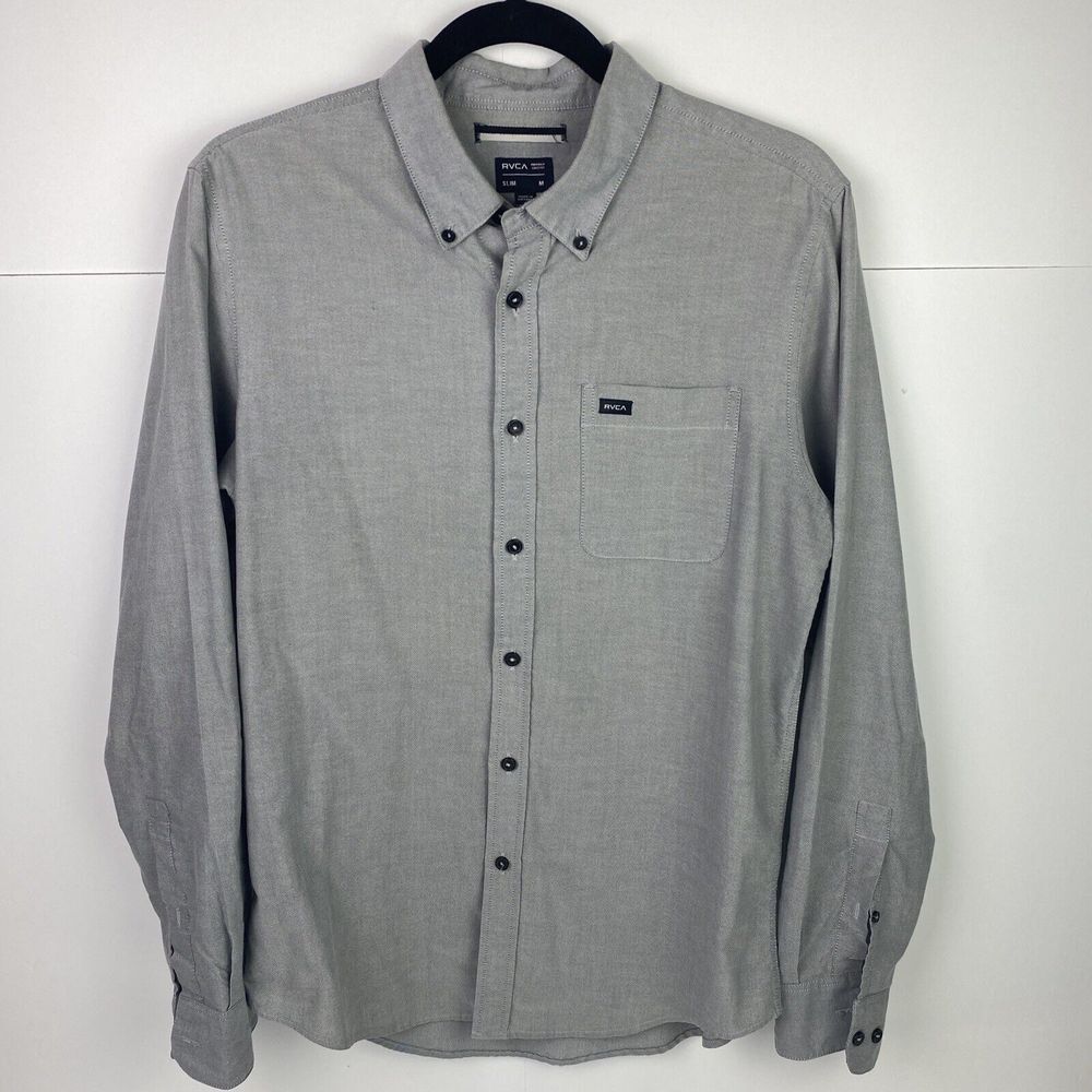 RVCA Designer Long Sleeve Button Up‎ Men's Size M Slim Gray Casual Dress Shirt
